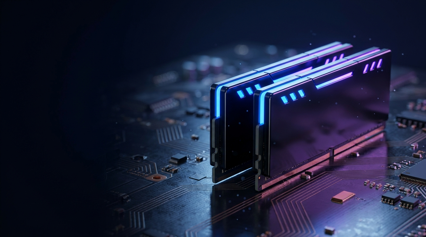 DDR5 RAM modules with RGB lighting on dark motherboard — Ramshift hero